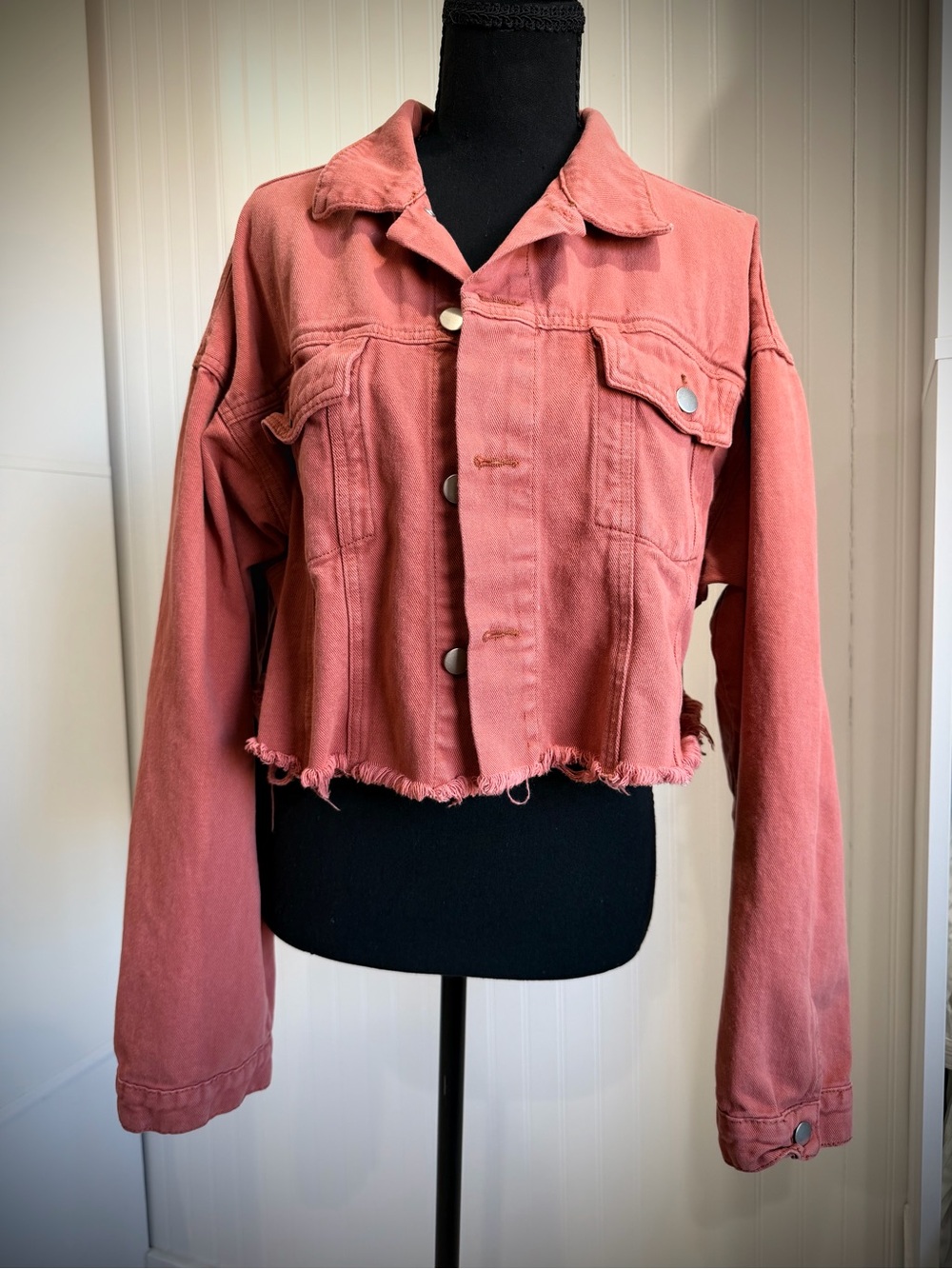 Women's Cropped Distressed Jacket - Rust Red